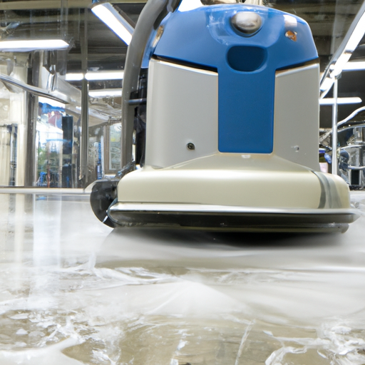 מכונת שטיפת רצפות תעשייתית בפעולה, ניקוי רצפת מחסן גדולה.