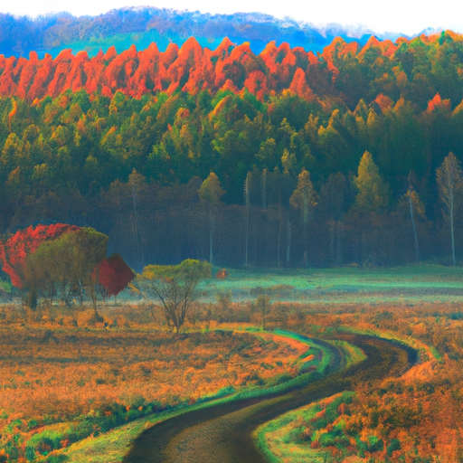 סצנה ציורית של האזור הכפרי בסתיו, עם עלים שהופכים לזהב וכתום.