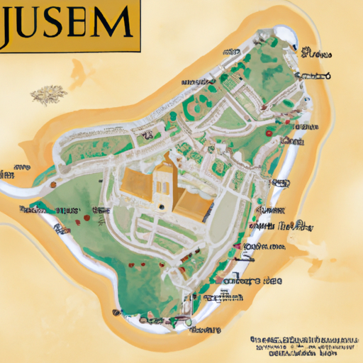 A close-up image of a detailed map of Jerusalem, highlighting the city's religiously significant sites.