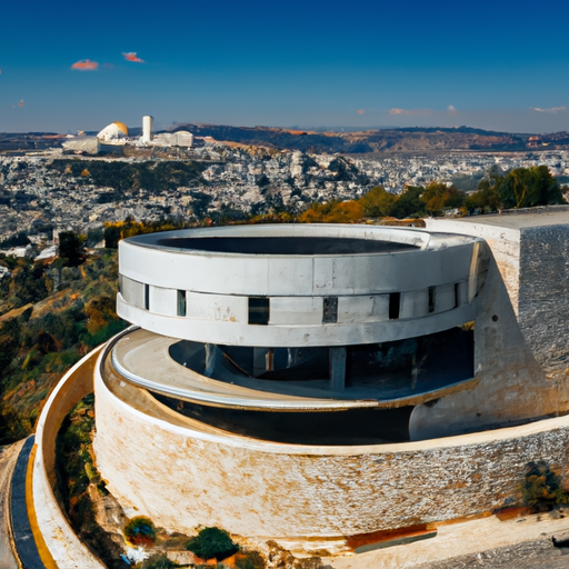 מבט אווירי של אולם האירועים Time Elevator, המציג את הארכיטקטורה המדהימה שלו ואת הנופים הפנורמיים של ירושלים.